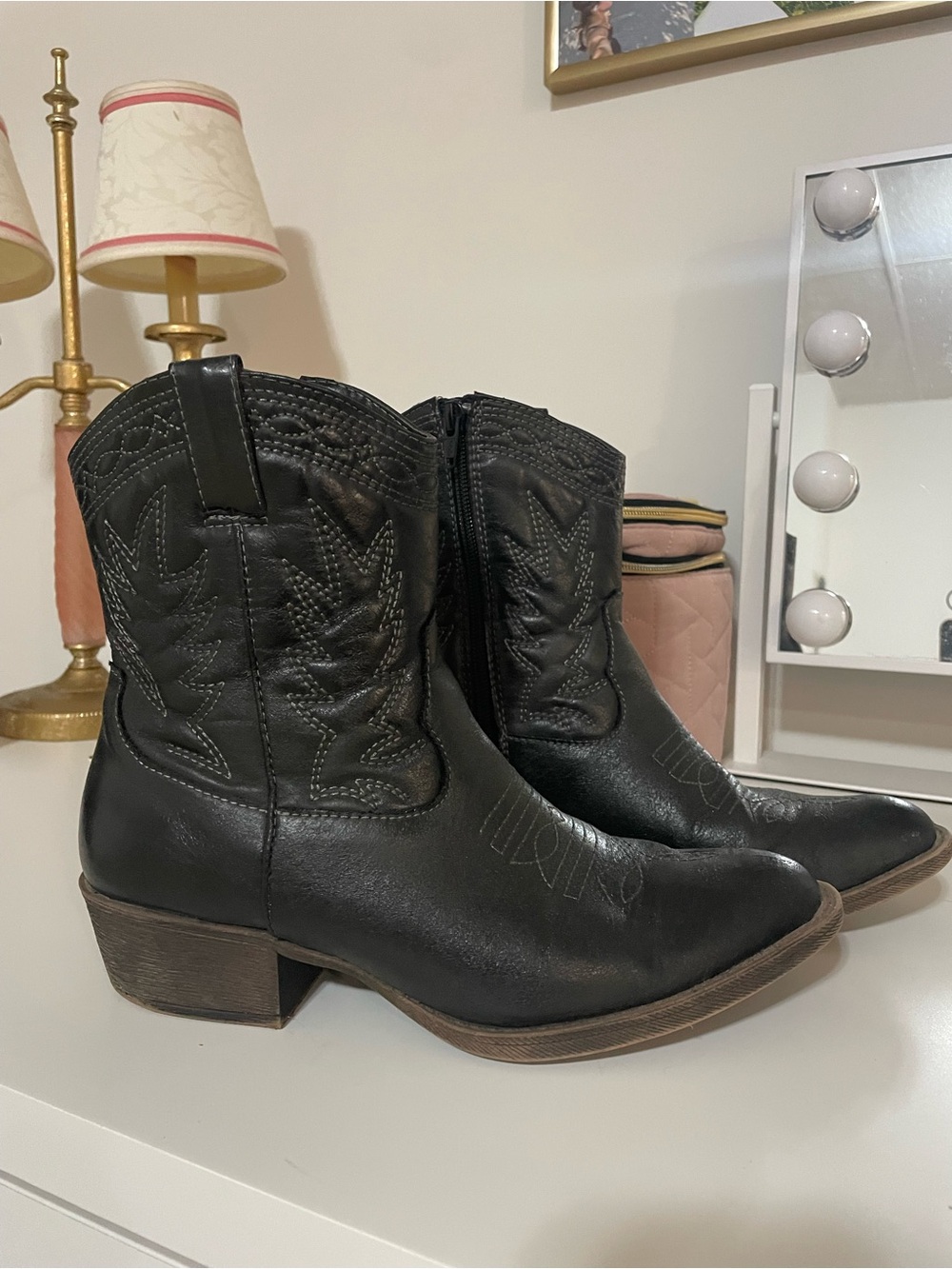 Anthropologie Black Western Ankle Booties with Stitching Detail